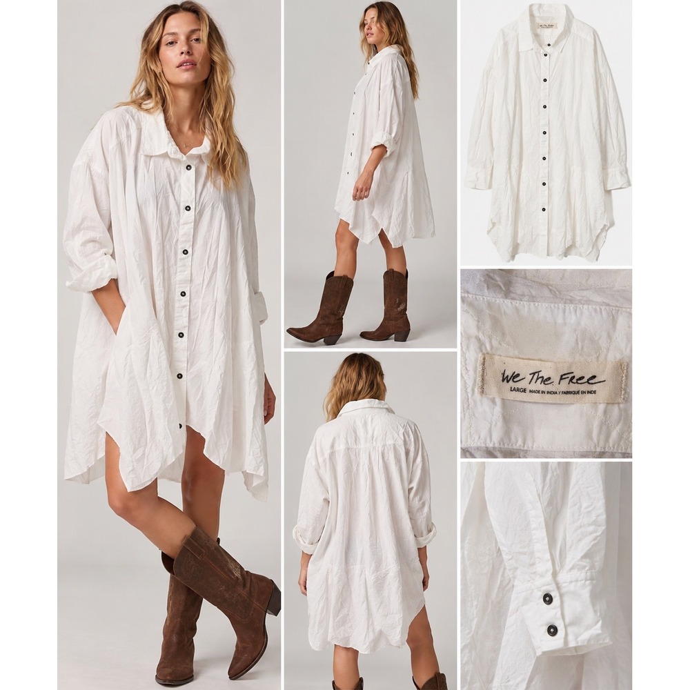 We The Free Free People White Cotton Button Down Shirt Dress Large NWT
